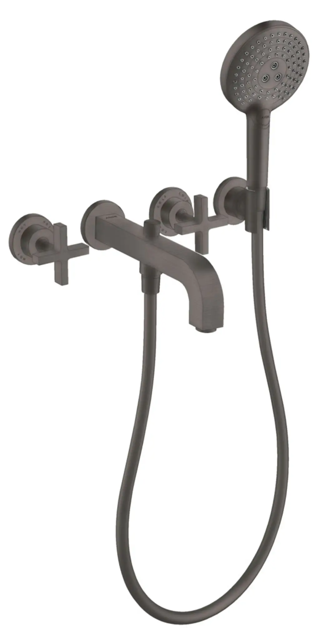 Citterio 3-Loch Wannenarmatur von AXOR in gebürstetem Schwarzchrom für die Wandmontage mit Kreuzgriffen und Rosetten. Armatur mit Handbrause und Schlauch.